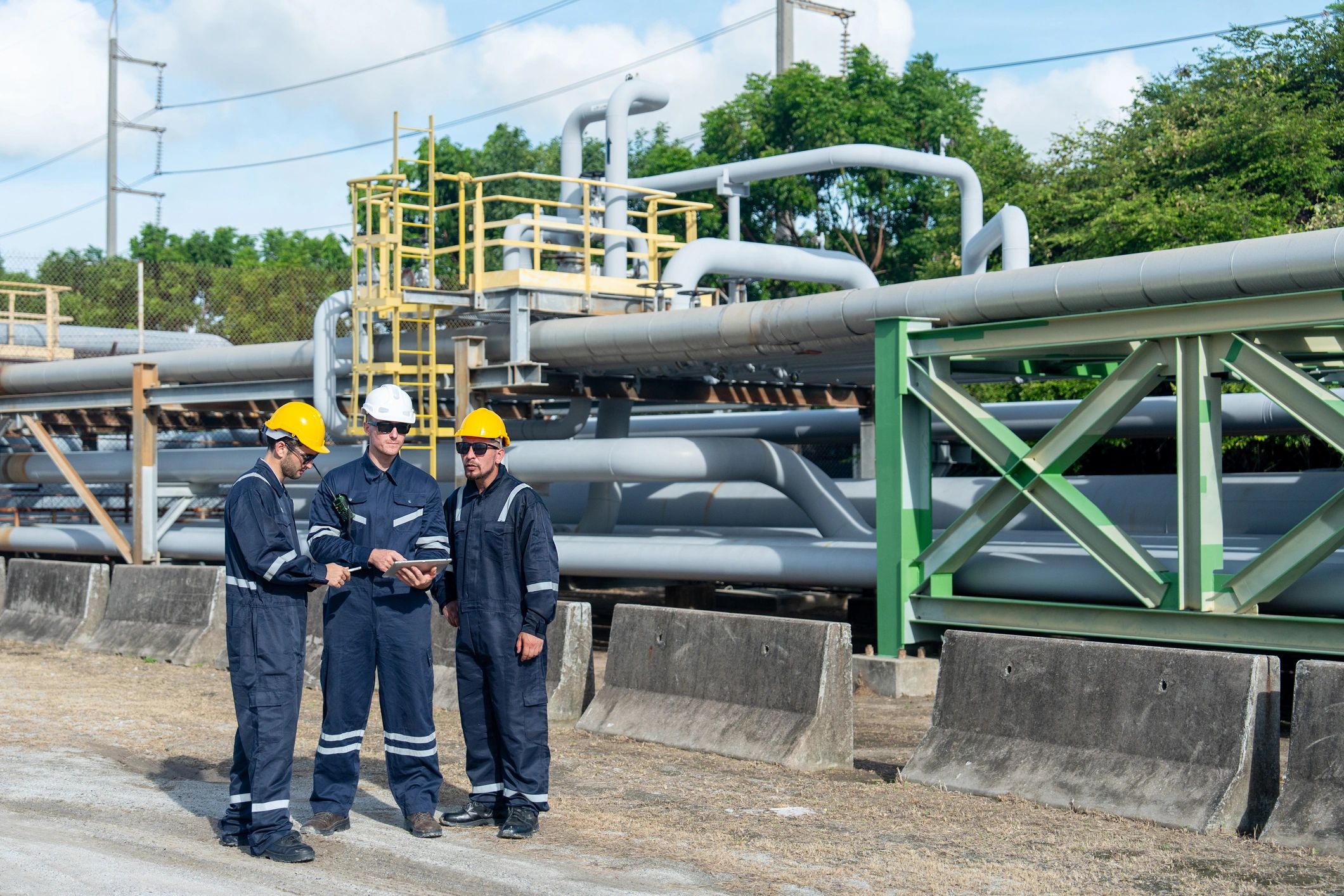 Industrial operations team reviewing work together at a facility